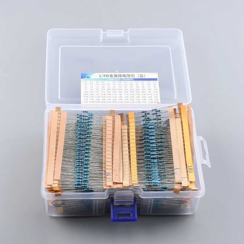 300pcs 600pcs 2600pcs 1% Resistor Set Resistance 1/4W Metal Film Resistors Kit 10Ohm-1M Ohm 30Values Electronic Components Kit