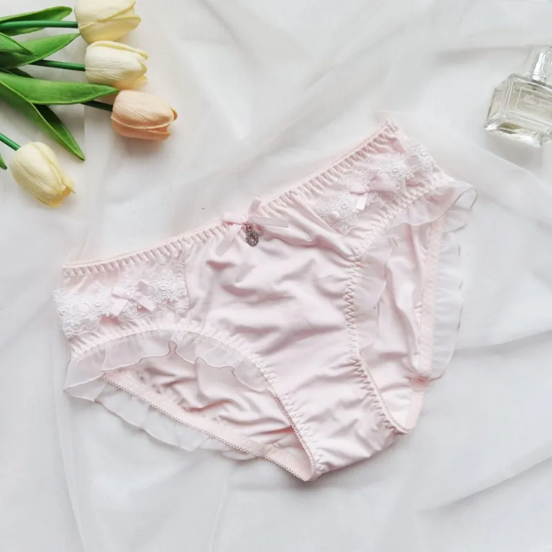 Women Milk Silk Smooth Cute Lovely Sweety Panties Lace Lolita Ruffle High Elasticity Underwear Breathable Middle Waist Soft