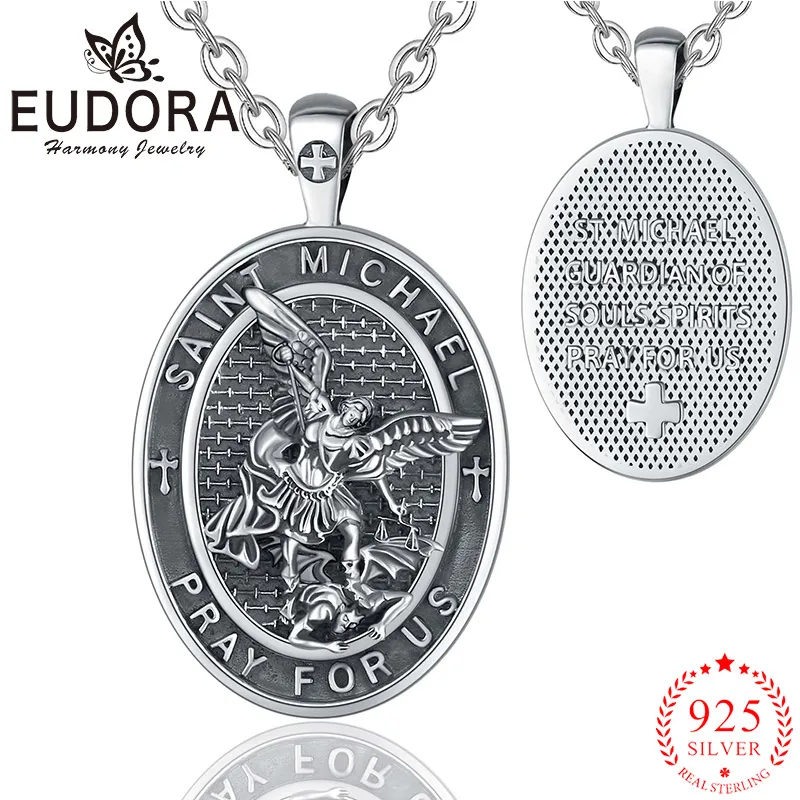 

Eudora 925 Sterling Silver Saint Michael Archangel Necklace Vintage Cross Amulet Pendant Religious Jewelry Gift for Men Women