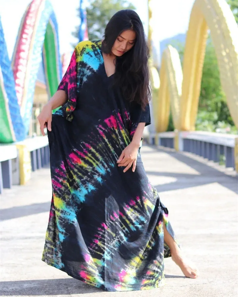 Fashion Casual Striped Print Long Dresses Women Bohemian V-neck Bat Sleeve Loose Slit Beach Dress Summer New Beachwear Vestidos 65 Fashion Casual Striped Print Long Dresses Women Bohemian V-neck Bat Sleeve Loose Slit Beach Dress Summer New Beachwear Vestidos