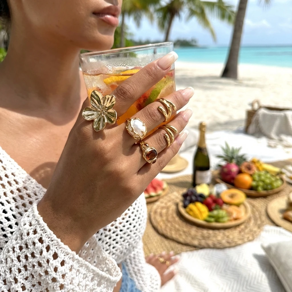 Elegant Gold-Tone Ring Set with Faux Pearls and Abstract Floral Design