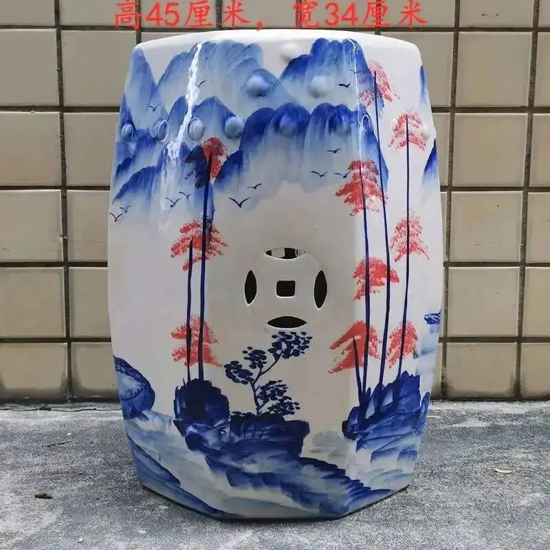 White Porcelain and Drawn Blue Shoe Hand Changing Stool Ceramic Drum Bathroom Neoclassical Imitation Sitting Stool Low Round
