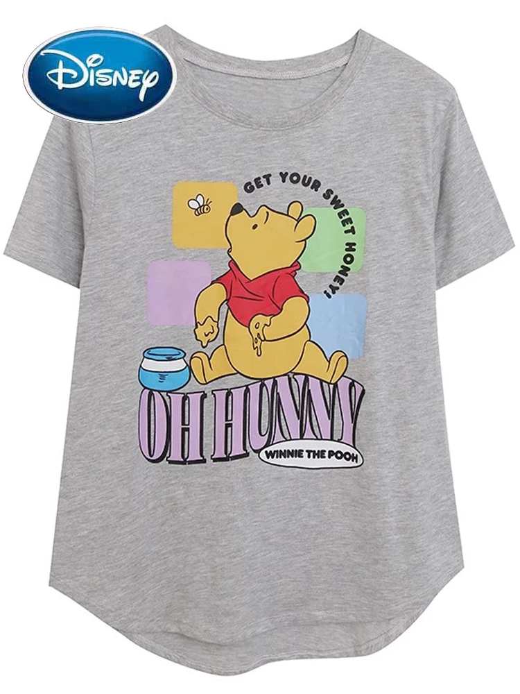 Disney Fashion Winnie The Pooh Bear Bee Cartoon Print T-Shirt Donna O-Collo Pullover Manica Corta Hi-Lo Hem Tee Top Grigio Femme
