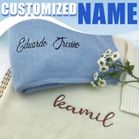 Custom Name Baby Blanket Knitted Swaddle Wrap Newborn Gift Set Organic Cotton Breathable Nursery Bedding Baby Registry Essentia