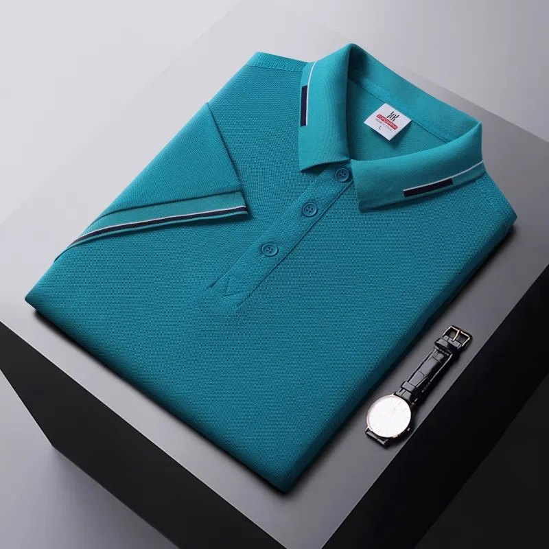 Summer Men's Solid Color Horizontal Bar Polo Shirt Short Sleeve Lower Neck Zipper T-shirt&Men's Casual Street Wear New Men's Top
