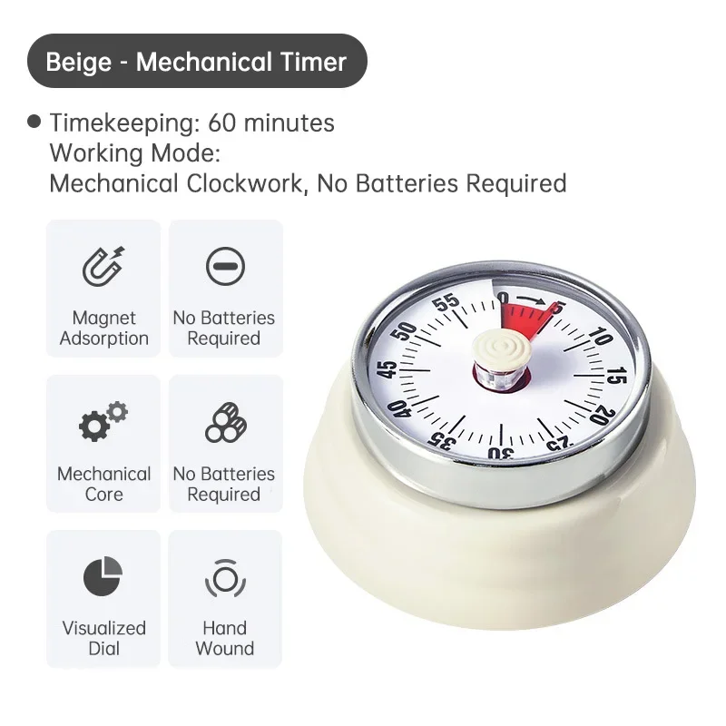 Magnetic Suction Mechanical Kitchen Timer with Visual Countdown and Alarm