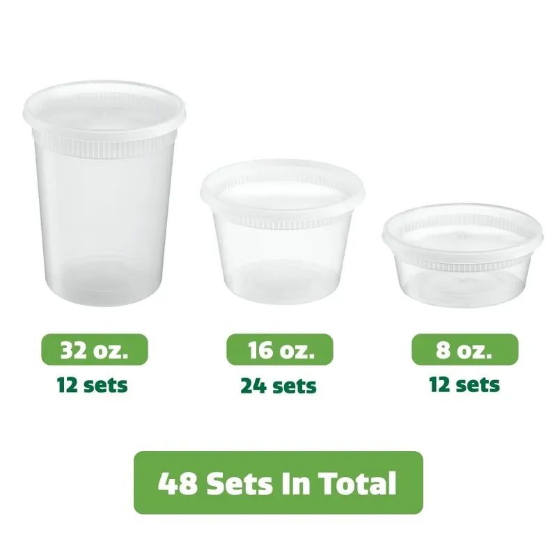 Orgtiv [48 Sets-8,16,32oz Plastic Deli Containers with Lids,Freezer Food  Storage Containers Airtight,Disposable Take out Deli Cups for Soup Slime  Meal