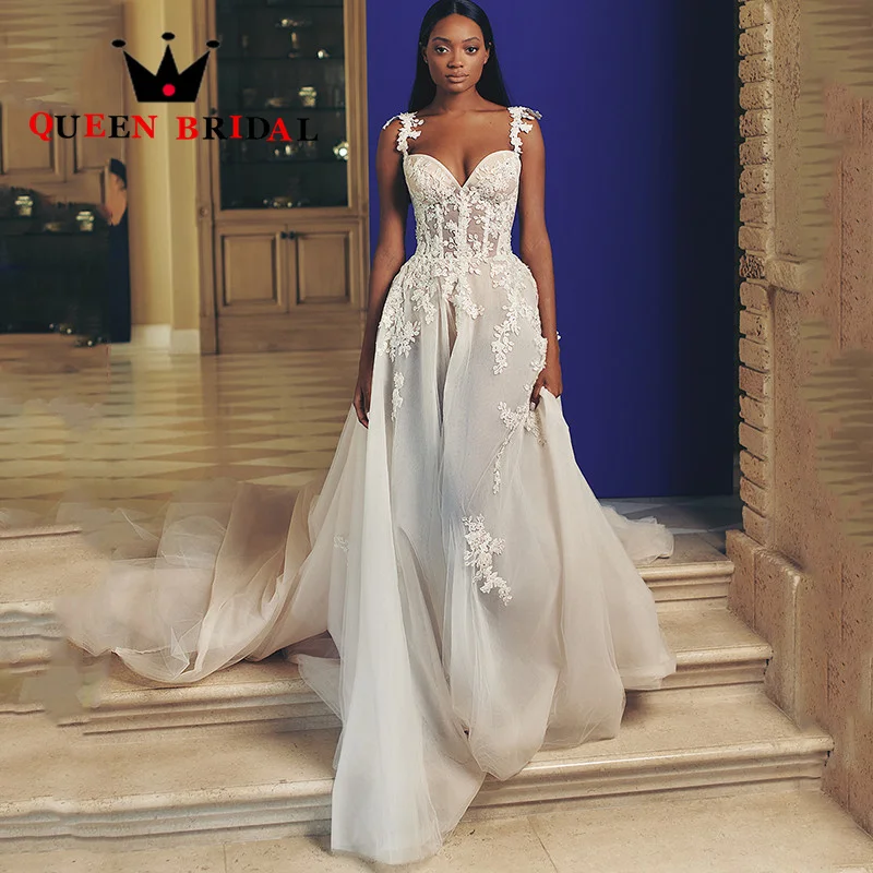 

Elegant Spaghetti Straps A Line 2023 Wedding Dresses New Backless Appliques Beading Bridal Gowns Vestido De Noiva Custom D70X