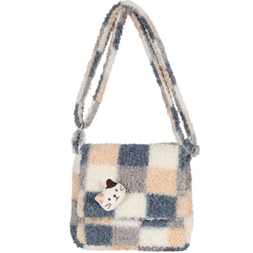 Korean Style Berber Fleece Crossbody Bag Solid Color Bear Pendant Plaid Crossbody Bag Large Capacity Plush Cute Cat Shoulder Bag