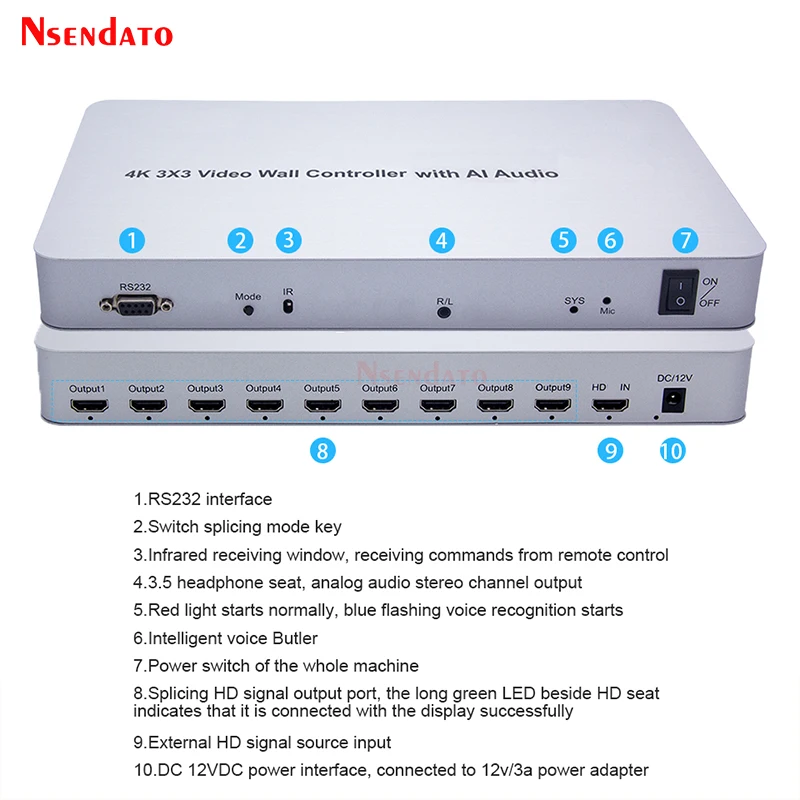 HDMI TV Video wall controller 3x3 4k 9 Channel HDMI Video Screen Stitching  Processor Splicer Display With AI Audio voice RS232