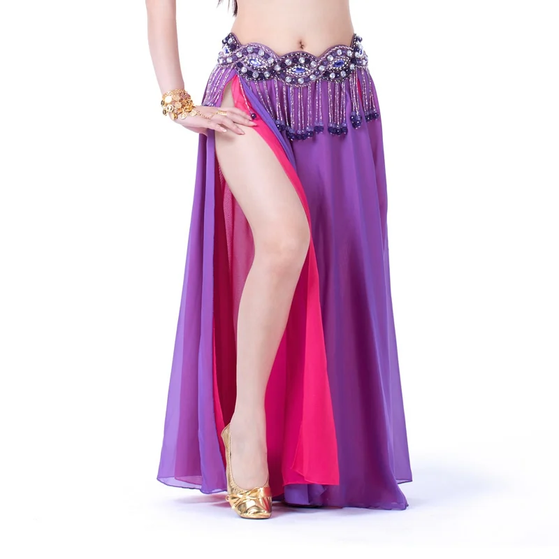 

Sexy Belly Dance Skirt For Women Adult Double Layers Split Long Chiffon Sequins Tassel Dress Charming Dancewear