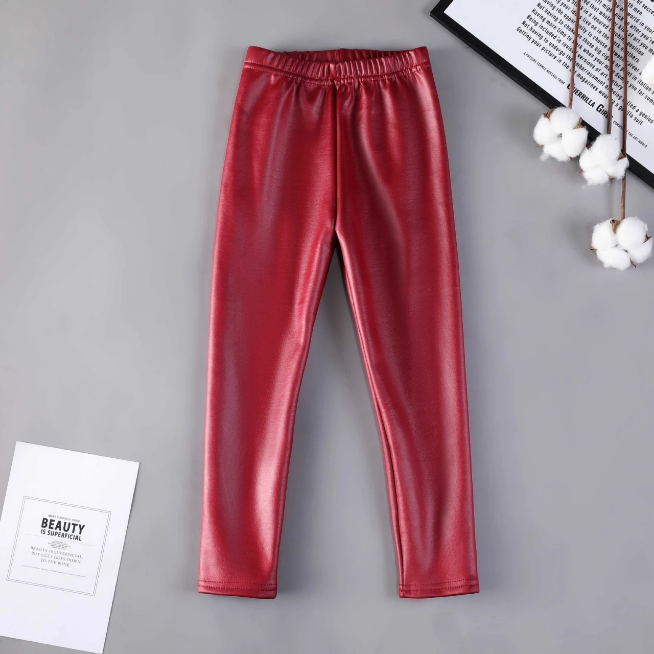 Cozy Winter Faux Leather Kids' Candy Color Leggings