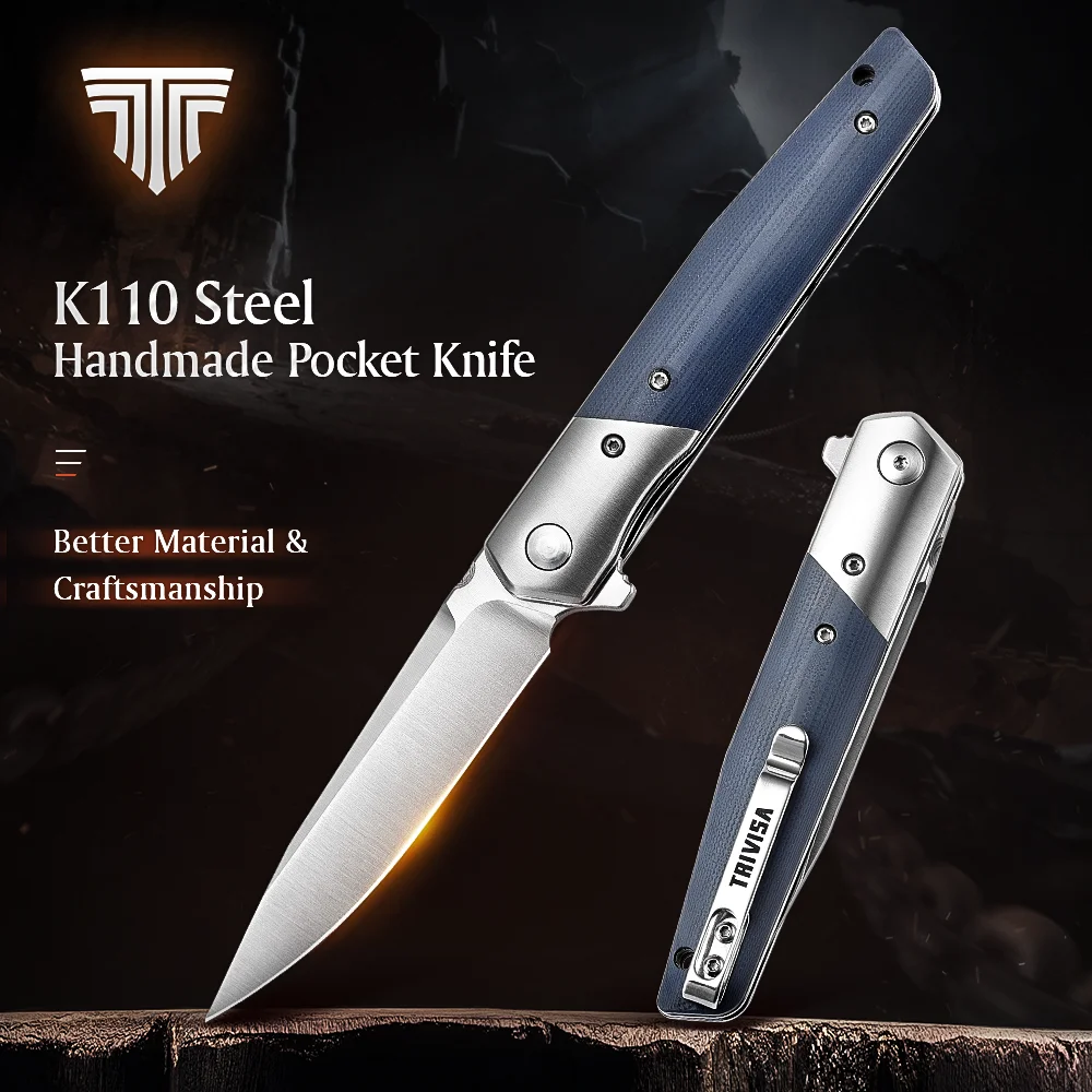 TRIVISA Folding Pocket Knife G10 Handle with Flipper 3.54" BOHLER K110 Blade Tactical Knives Clip EDC Outdoor Tool for Men |