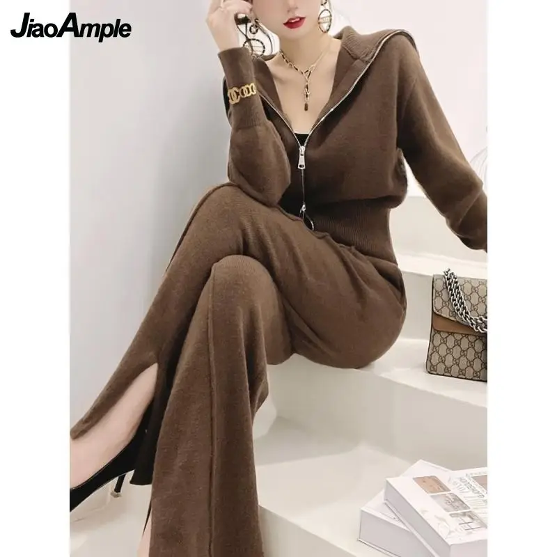 Women's Casual Fashion Suit Korean Elegant Spring and Autumn New Corduroy Zipper Coat Blouse + Wide Leg Trousers Two-piece Set 2023 fashion elegant casual women blazer pantsuits autumn office corduroy loose business trousers suit femme streetwear outfits