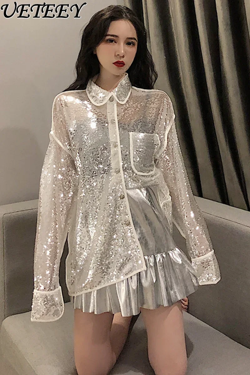 

Sequined Lapel Long Sleeve Loose BF Style Shirt Heavy Industry Female 2023 Design Sense Niche Base Slim-Fit Tops Spring Clothes