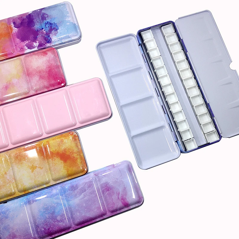 24-color Card Slot Tinplate with Card Holder Solid Watercolor Paint Box Various Portable Art Painting Flat Bottom Palette Box