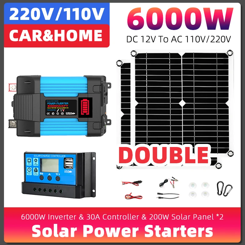 Solar Kit 6000W Inverter 30A Controller Full Power Kit Charger Car solar generator with solar panel 5V Solar Panel Camping home