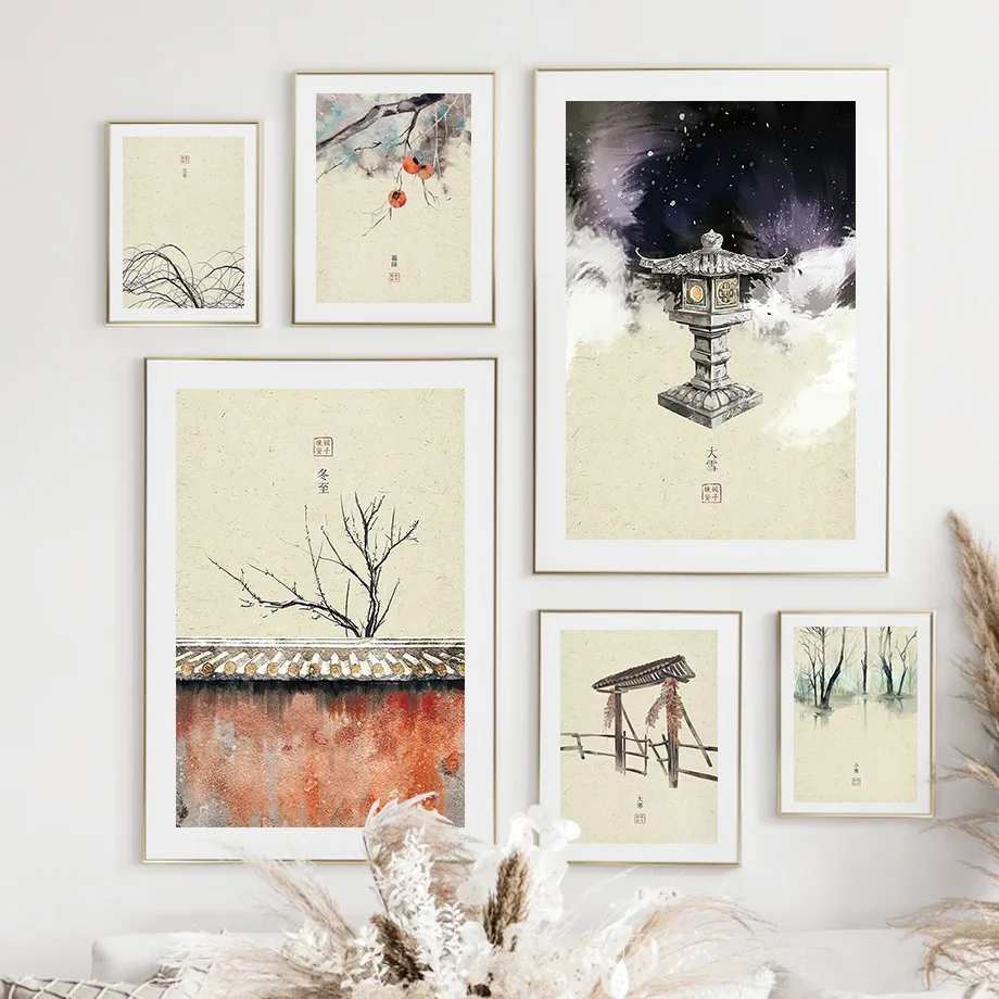 Classici giapponesi Edificio Tela Pittura a olio Wall Art Poster Stampe Fiore Pianta Immagine per interni della stanza Decorazioni per la casa Cuadros - immagine 3