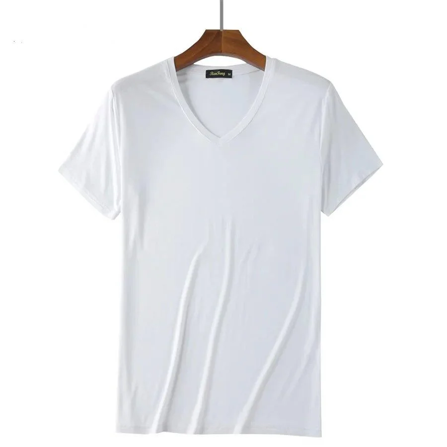 Ultra-Soft V-Neck Bamboo Fiber Men's T-Shirt - Comfortable Summer Short Sleeve Tee in White