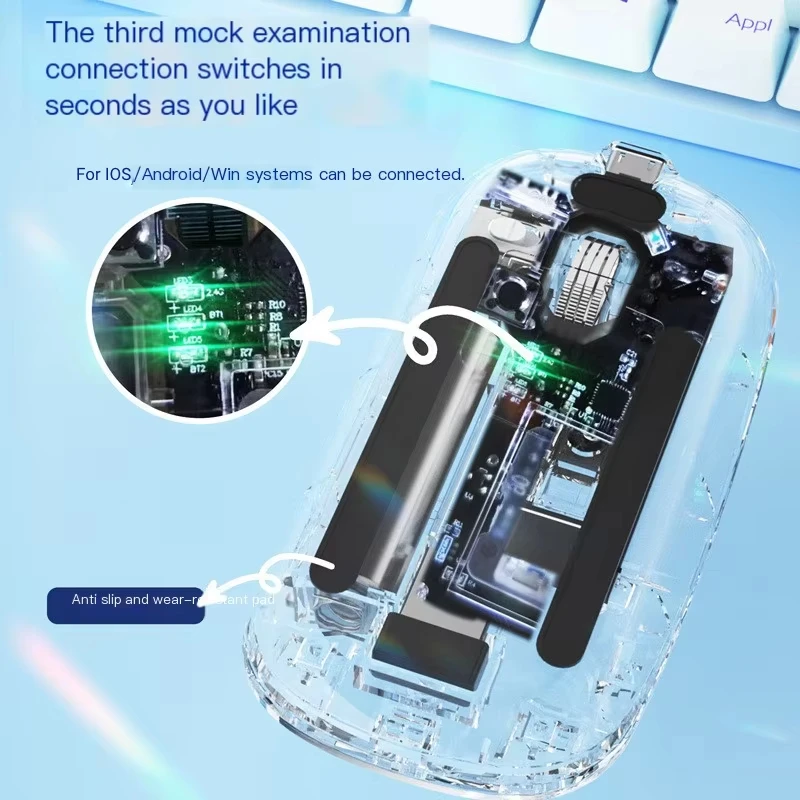 Transparent Wireless Mouse Three Modes 2.4G Bluetooth Rechargeable Mouse Luminous Light Computer Game Mice for PC Laptop