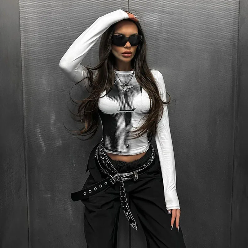 

Body Print Crop Tee Shirts Women Fall Spring Y2K Korean Fashion Long Sleeve O-neck Skinny Top Tshirt Streetwear
