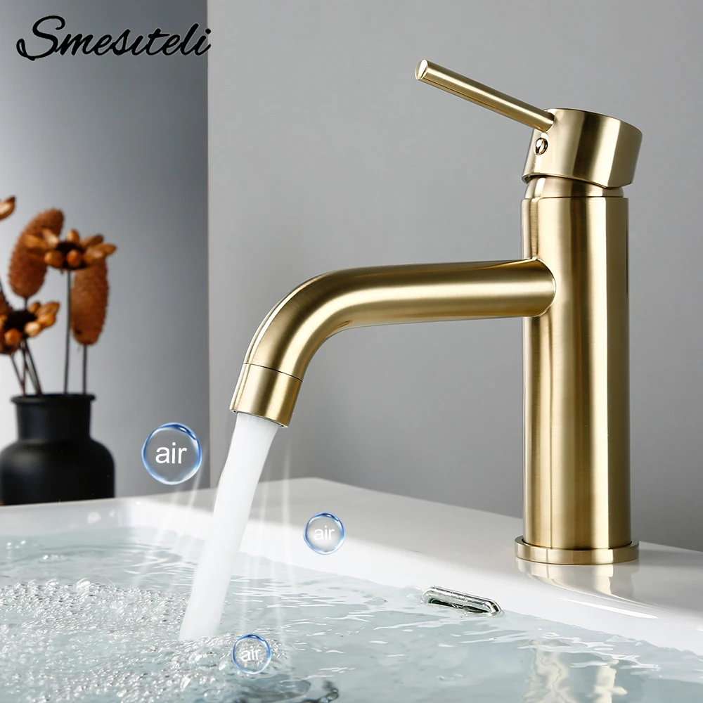 Brushed Gold อ่างล้างหน้าก๊อกน้ำทองเหลืองร้อนและน้ำเย็น pengaduk baskom อ่างล้างจาน TAP Deck MOUNTED bathroom TAPS 1
