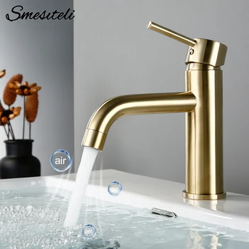 Brushed Gold อ่างล้างหน้าก๊อกน้ำทองเหลืองร้อนและน้ำเย็น pengaduk baskom อ่างล้างจาน TAP Deck MOUNTED bathroom TAPS 1