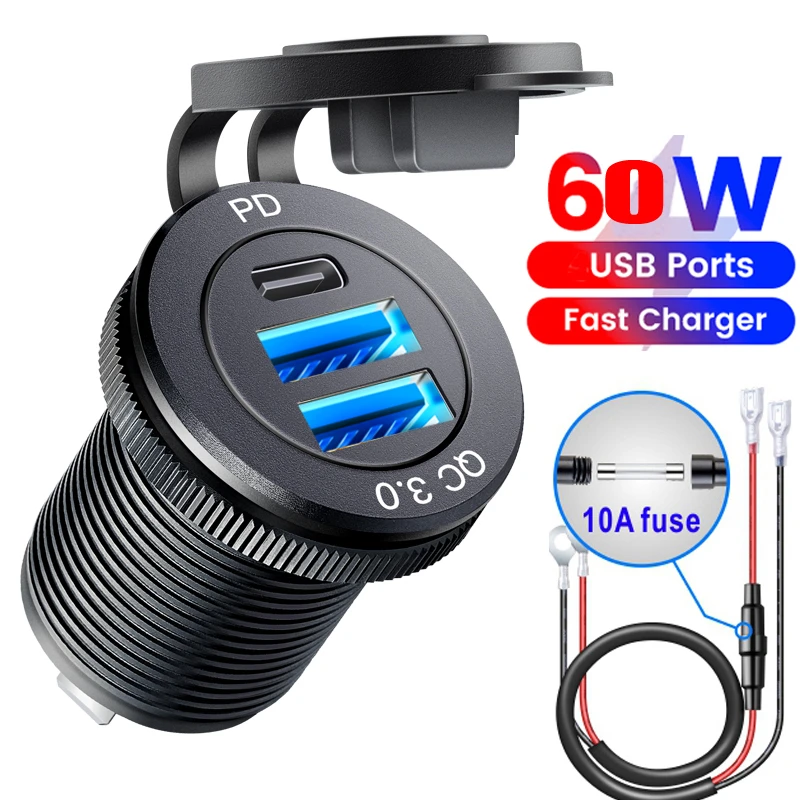 54w 12v Qc Usb Car Charger Socket Pd Type C And Qc3.0 Usb Port Usb