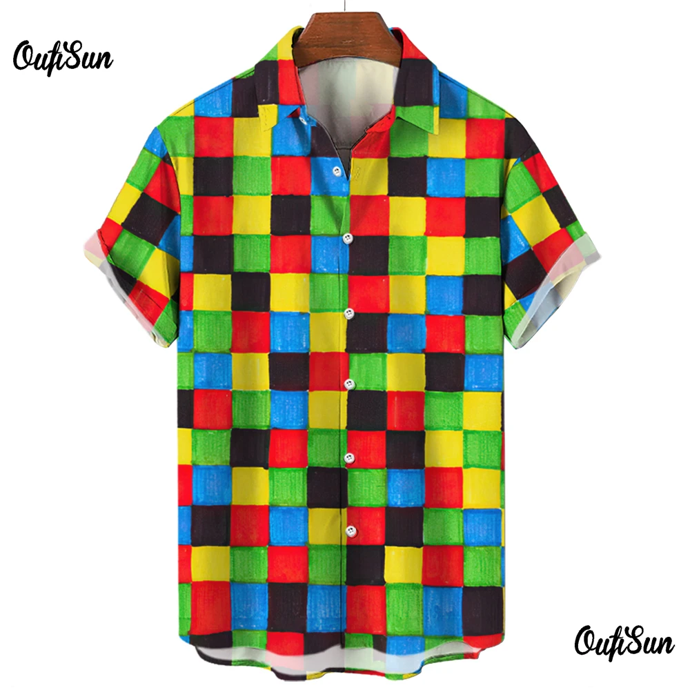 Plaid Shirt For Men Vintage Short Sleeved Shirt Couple Blouse Colorful Printed Casual Men Clothing Oversized Streetwear