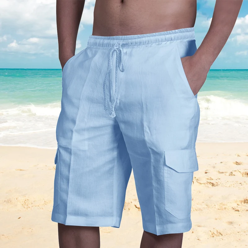 Summer New Solid Color Fashion Shorts Man High Street Elastic Waist Drawstring Pockets Fiberflax All-match Knee Length Pants