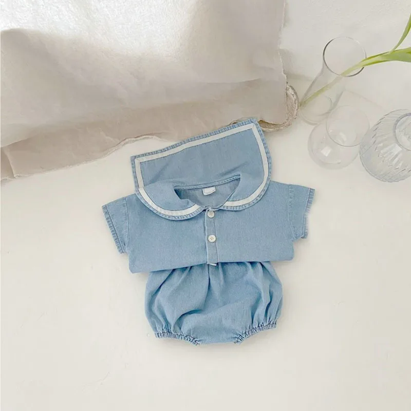 baby clothes in sets	 2022 Summer New Baby Navy Collar Clothes Set Kids Girls Short Sleeve Denim Tops + Shorts 2pcs Suit Cute Baby Boy Denim Outfits baby knitted clothing set Baby Clothing Set