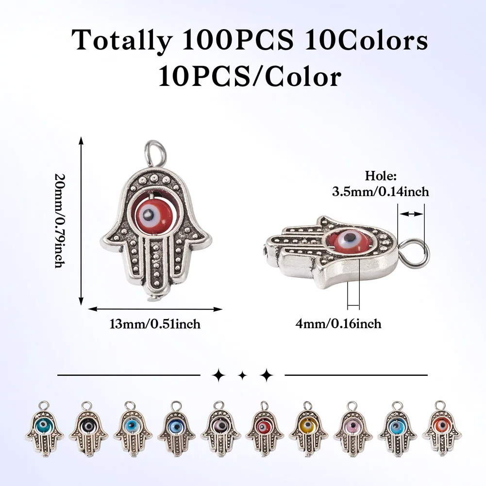 100pcs Antique Hamsa Charms Tibetan Style Miriam Hand Alloy Pendant Colorful Evil Eye Bead Charms for DIY Jewelry Craft Making