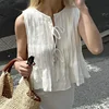 New Summer Women Y2K Korean White Linen Cotton Pleated Lace Up Sleeveless Short Shirt Crop Top Blouse Pleated Shirts Clothes 2