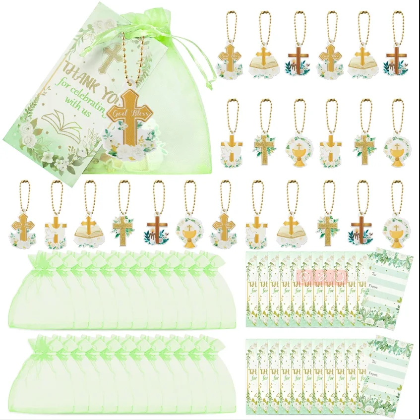 Religion Christian God Prayer Keychain Thanks Card Bag Green Ribbon Baptism Cross Baby Showerdecor Gathering Peace Love Gift