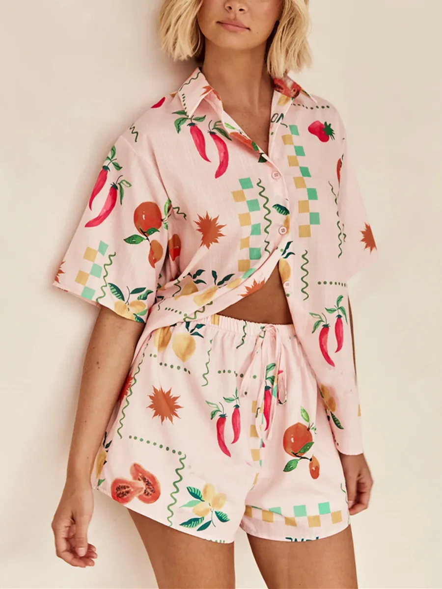 

Women 2 Pieces Short Sets Summer Fruits Vegetable Prints Lapel Buttons Short Sleeve Tops +Shorts Pajamas Casual Comfy Loungewear