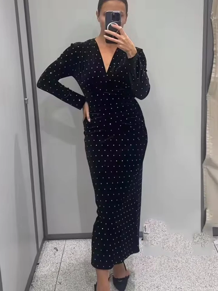 Chic Bright Bead Elegant Long Dresses For Women 2025 Fashion Velvet V neck Midi Dress Lady Long Sleeve Evening Party Dresses ﻿