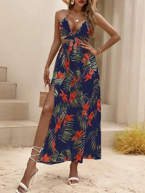 Print Halter Neck Slit Dresses Women Sexy Deep V-neck Hollow Out Backless Bowknot Leace-up Long Dress Female Streetwear Vestidos 32 undefined