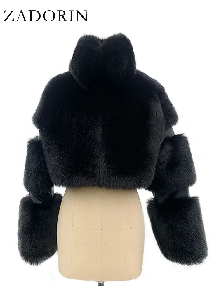 ZADORIN Winter Cropped Jacket Women Turn Down Collar Furry Faux