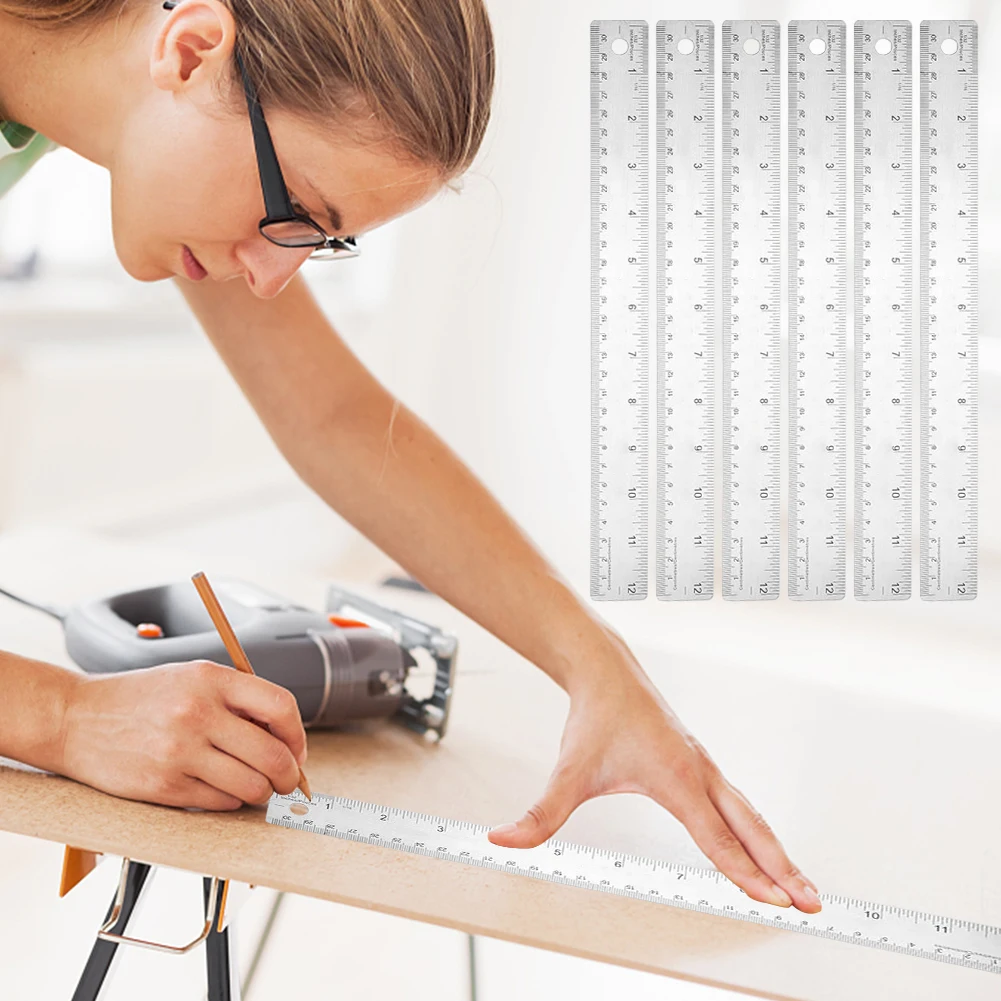 6pcs Metal Ruler Stainless Steel Measuring Straight Edge Non Slip Student Shatter Resistant Office Supplies 12 Inch 