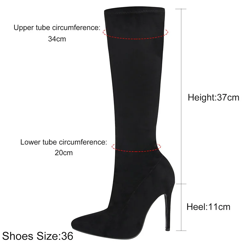 High Elasticity Leather Boots Women Side Zip Pointed Toe High Heels Shoes Fashion Big Size Suede Mid Booties Female Goth Shoes