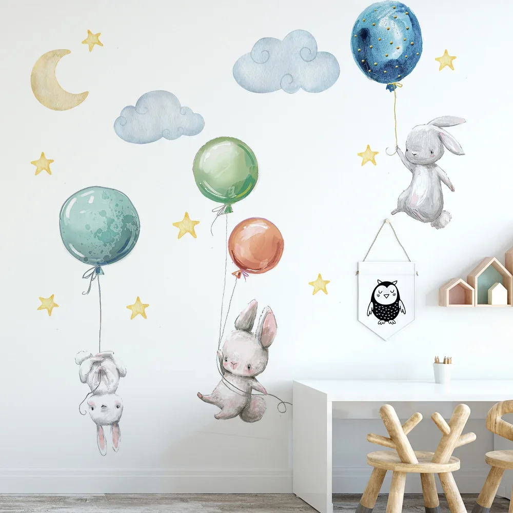 Luminous Wall Stickers Wall Stickers Vinyl Decal Stickers Cute Lovely Flying Rabbits For Kids Balloons Moon Star Cloud Removable Decal Nursery Baby Room Decor Poster Mural