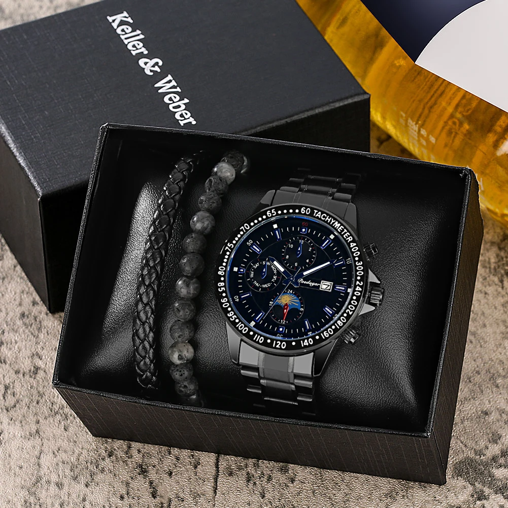 Gift Set for Men Silver Black Waterproof Date Quartz Watch to Boyfriend Bracelet Watches Creative Halloween Gift Box cadeauset
