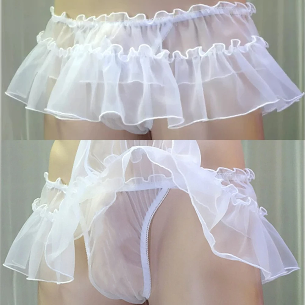 

Hot New Translucent Mens Skirt Sissy Lingerie Set Sheer Lace Elastic Nightwear Chiffon Crossdressing Comfy Underwear White 2023