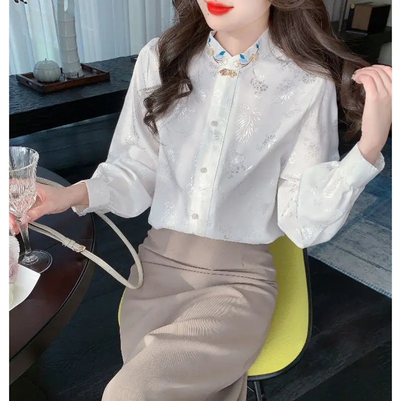 Women's 2024 Spring Autumn New Chinese Style Embroidered Long Sleeve Blouses Fashion Stand Collar Printed Single-breasted Shirts