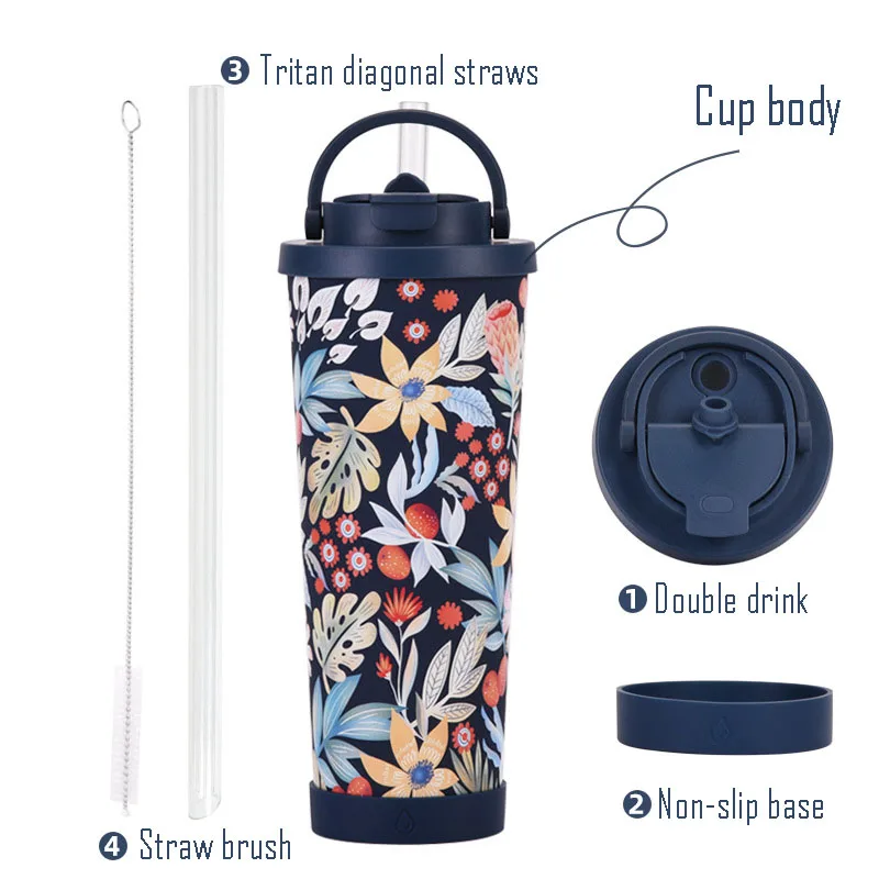 830ML Large Capacity Sports Thermos Cup With Straw And Handle,Double Drink,Stainless Steel Drinkware,Vacuum Flasks,Water Bottle
