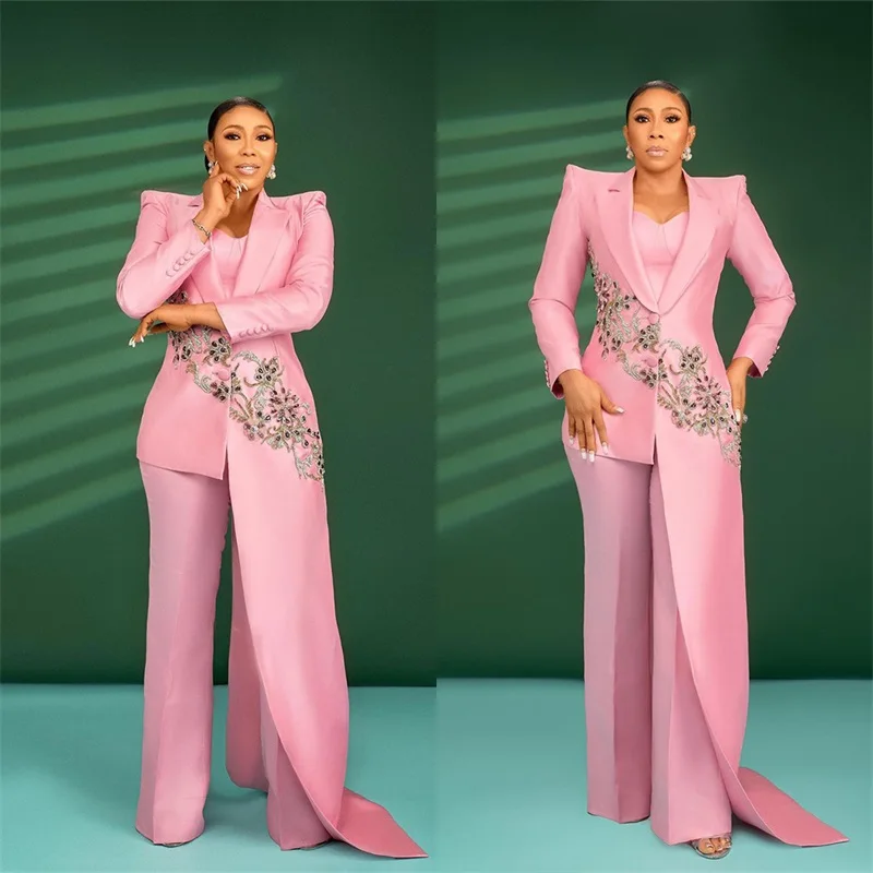 Crystals Satin Women Suits Set Blazer+Pants 2 Pcs Appliqued Jacket Irregular Hem Long Tail Formal Prom Dress Coat Customized women suit set women suits sets