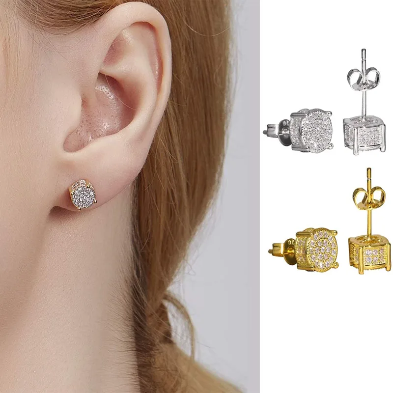 Stud Earrings Iced Out Cubic Zirconia Screw Back 18k Gold Plated Round For Unisex