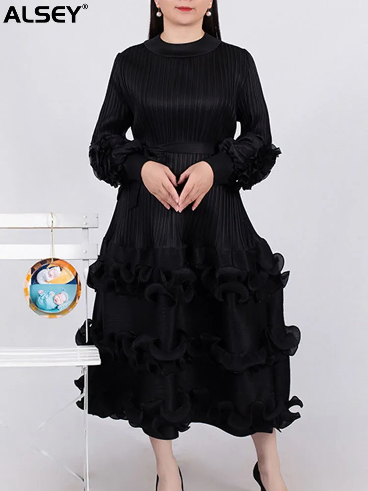 

ALSEY Miyake Women's Pleated Petal Dress Round Neck Midi with Tie Floral Sleeve Solid Color Cake Dress Spring Summer New