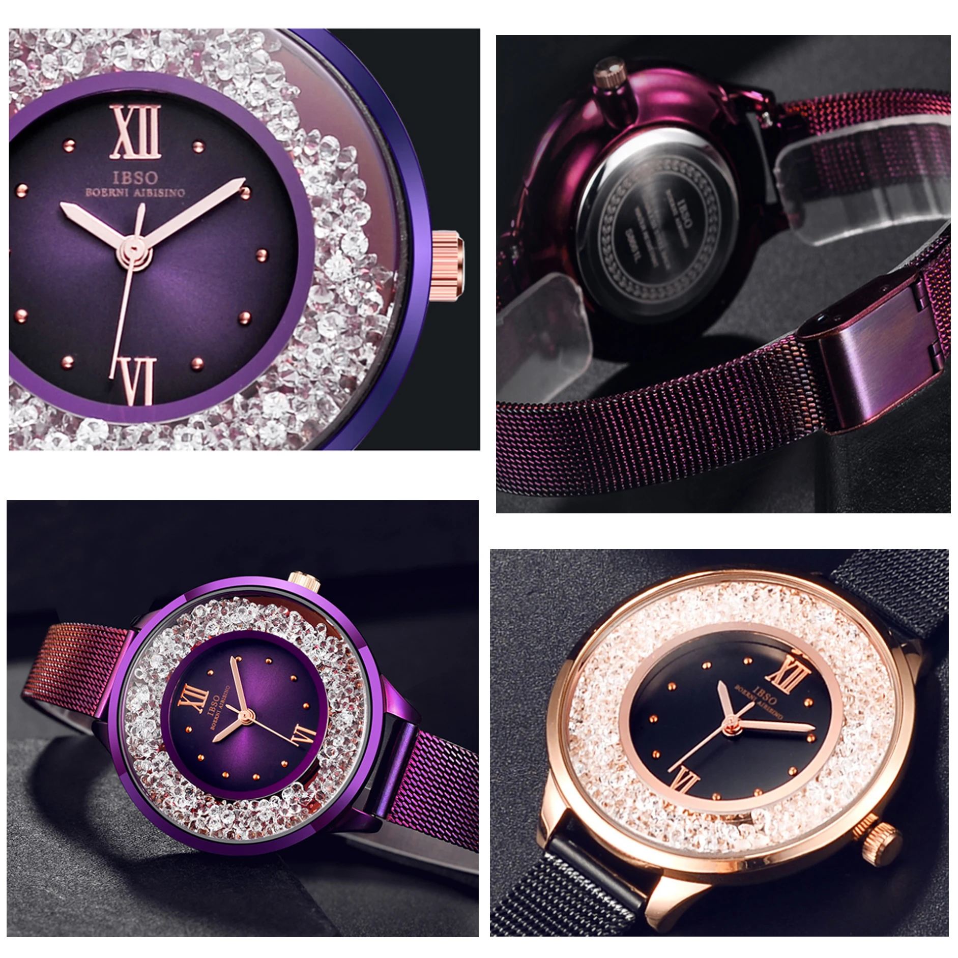 Luxury Women Watch Steel Mesh Strap Purple Rhinestone Waterproof Casual Hand Clock Female Original Fashion Lady Wristwatch Green