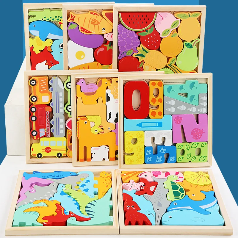 Children Montessori Wooden Toys Block Cartoon Animal Three-dimensional Jigsaw Puzzle Early Education Grab Board  3d Puzzle Toys 2